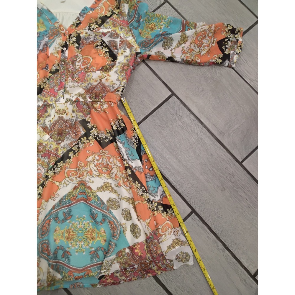 Umgee USA Women Paisley Scarf Print V-Neck Dress Orange Teal Boho 3/4 Sleeve M - Picture 8 of 8